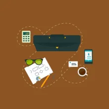 Illustration of office items on a brown background including a briefcase, calculator, smartphone, coffee cup, notebook with a pencil, sunglasses, and business card. Dashed lines connect the items, symbolizing interconnectedness in a digital workspace.