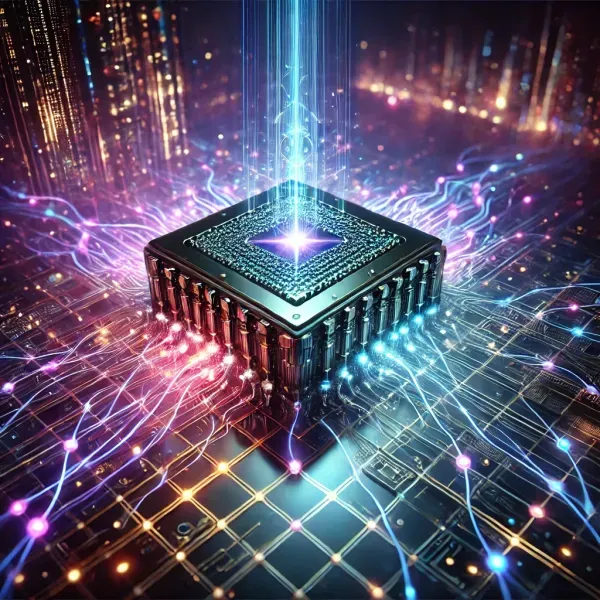 A futuristic quantum computer with vibrant digital nodes representing qubits interconnected in a glowing matrix. The image features a glowing processor with quantum circuits, set against a dark backdrop with neon blue and purple lines, symbolizing the flow of quantum data and advanced technology.