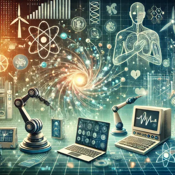 Futuristic scene depicting the evolution of technology, with interconnected devices representing information technology, a robotic arm and medical equipment symbolizing medical technology, solar panels and wind turbines showcasing environmental technology, and abstract data flow and scientific symbols highlighting innovation.