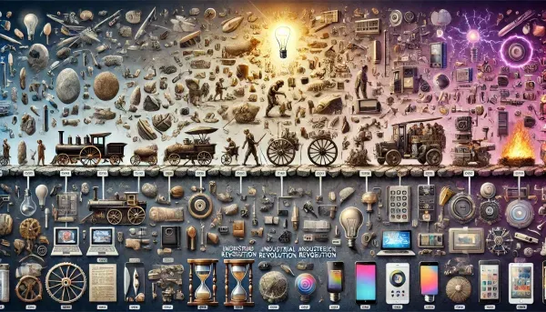 Detailed visual timeline showing the evolution of technology, starting with stone tools, followed by the discovery of fire, agricultural tools, steam engines from the Industrial Revolution, a lightbulb symbolizing the mastery of electricity, and ending with modern-day smartphones and digital technology. The timeline is displayed against a background gradient that transitions from dark, representing the ancient past, to bright, symbolizing the modern era.