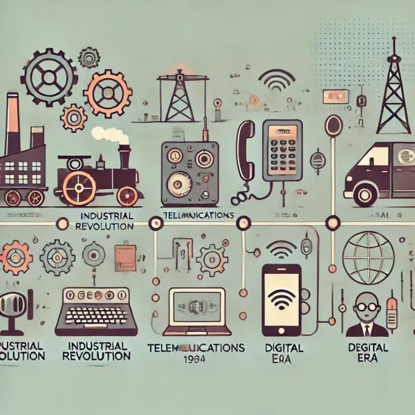 Illustration of the progression of technology over time, showing three main stages: Industrial Revolution with gears and steam engine, Telecommunications with a phone and telegraph line, and Digital Era with computer, smartphone, and AI icon. Minimal background with subtle icons representing societal elements like work, education, and healthcare.