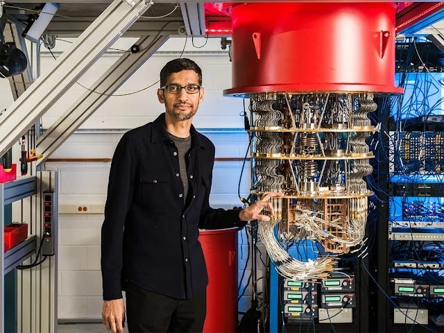 Google CEO Sundar Pichai with one of Google's quantum computers in the Santa Barbara lab