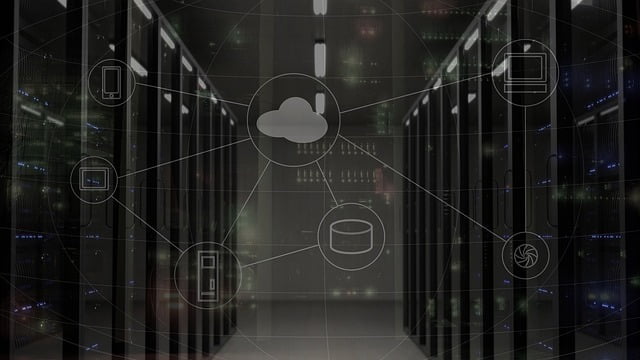 An illustration showing a concept of cloud computing and networking infrastructure with icons representing various connected devices and services across a data center server room layout.