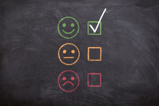 A chalkboard image showing a customer satisfaction survey with smiley face icons - green smiley face checked, orange neutral face unchecked, and red sad face unchecked - representing different levels of satisfaction to be selected.