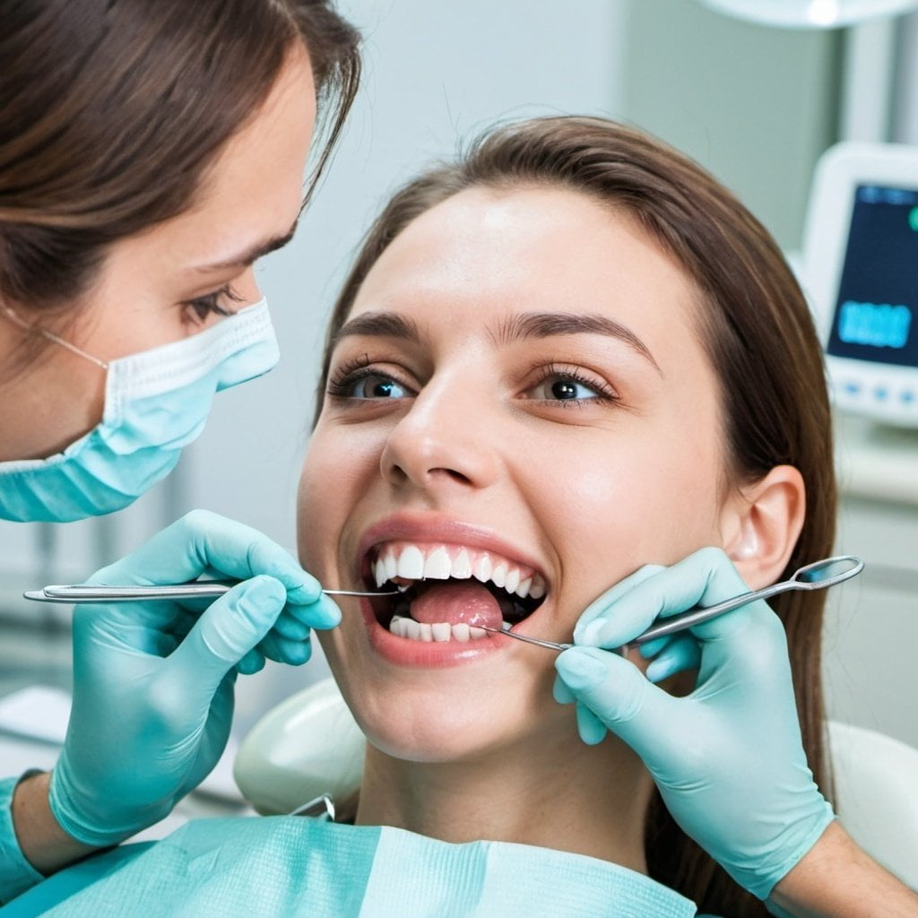 Woman getting dental check-up with dental tools