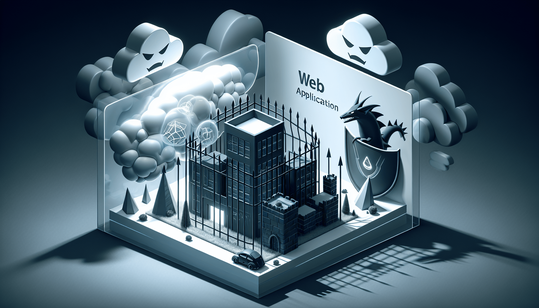 AI-generated illustration of a web application protected by a firewall, symbolizing the security measures against cyber threats. The image features a secure building surrounded by defensive walls and monitored by vigilant guardians, with ominous clouds representing potential cyber attacks.