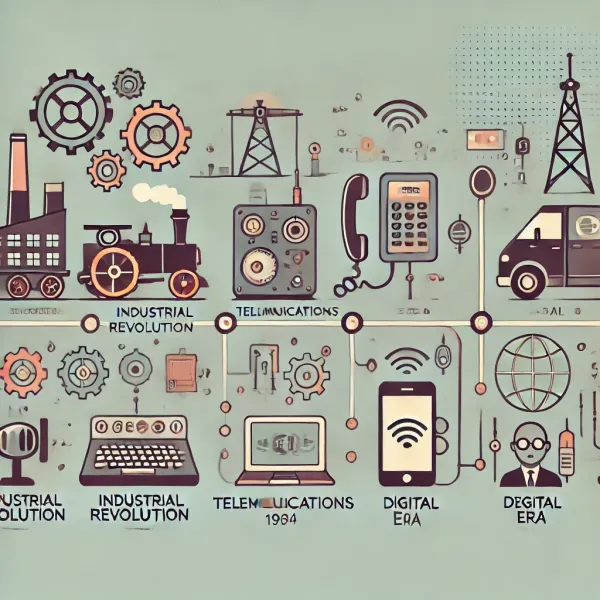 AI Generated: Illustration of the progression of technology over time, showing three main stages: Industrial Revolution with gears and steam engine, Telecommunications with a phone and telegraph line, and Digital Era with computer, smartphone, and AI icon. Minimal background with subtle icons representing societal elements like work, education, and healthcare.