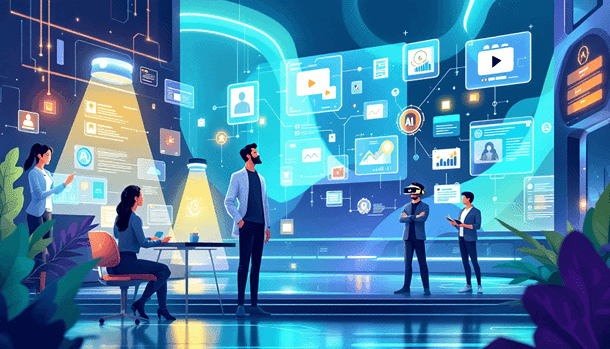 An engaging and futuristic illustration representing 'Best AI Detectors in 2025: The Ultimate Guide to Content Authenticity.' The scene features a sleek, advanced technological landscape with digital interfaces displaying various AI detection algorithms in action. In the foreground, a diverse group of professionals, including a tech-savvy woman analyzing data on a holographic screen and a thoughtful man with augmented reality glasses, are collaborating on ensuring content authenticity. Surrounding them, abstract representations of digital content - including text, images, and videos - are being scanned and verified with glowing AI detectors. The color palette is modern and vibrant, integrating shades of blue, green, and silver, symbolizing innovation and trust in technology.